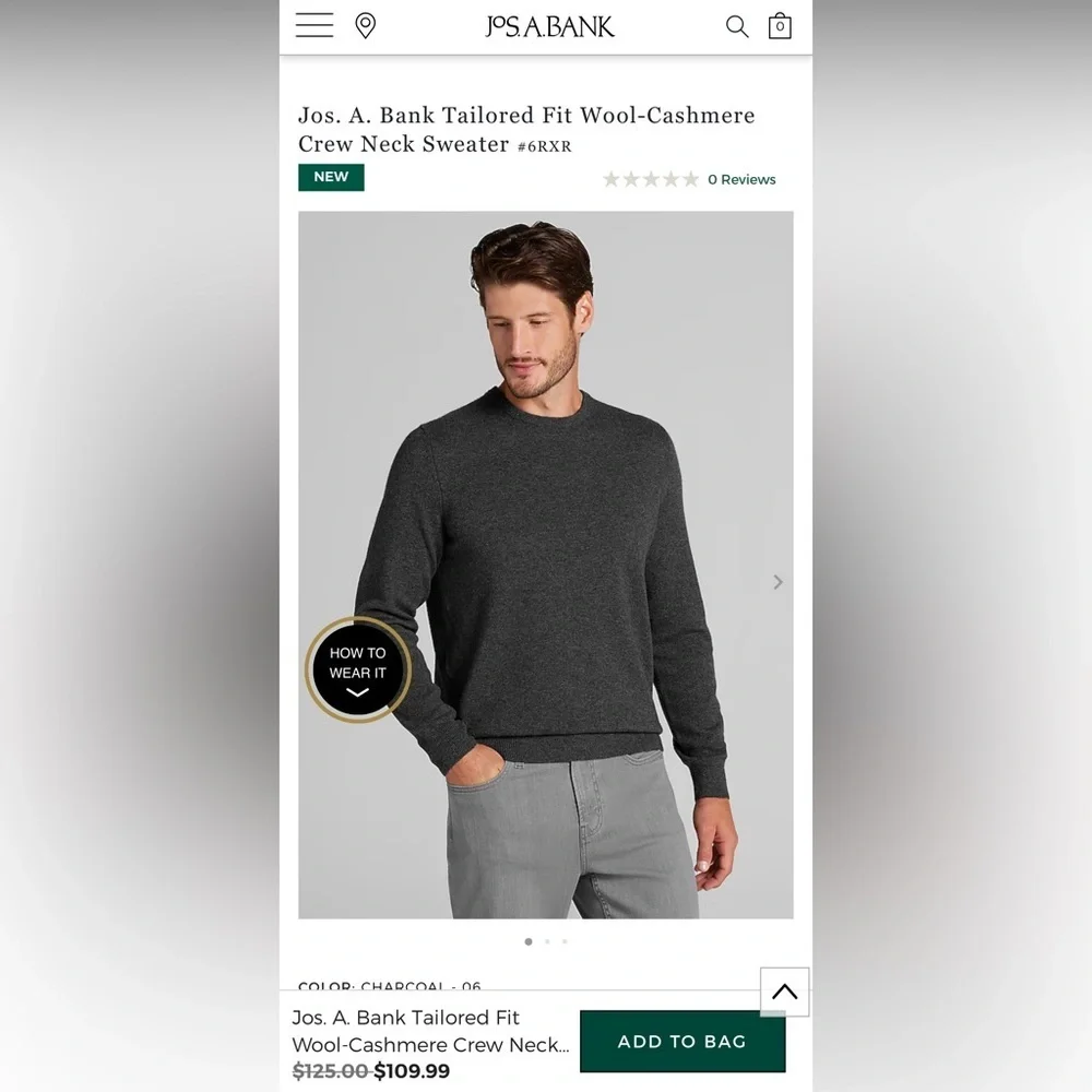Jos. A. Bank Wool-Cashmere Crew Neck Sweater charcoal